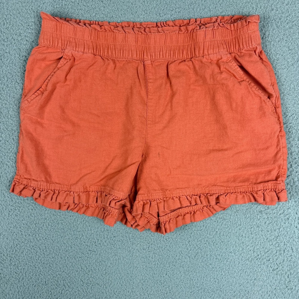 Ann Taylor LOFT Shorts Womens Medium Orange Pull On Ruffle Hem High Rise Linen